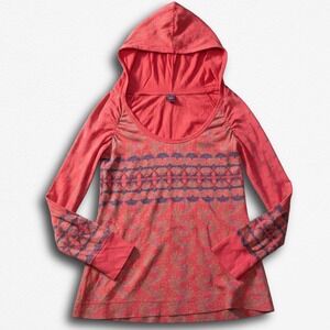 Boho Coral Pink Patterned Lightweight Hoodie Scoop Neck Long Sleeve Top